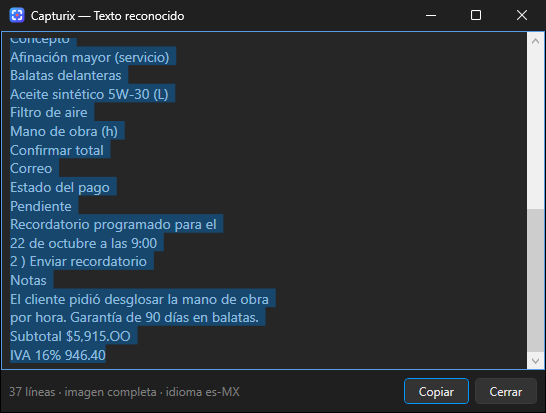 Ventana de Capturix con el texto reconocido de una factura